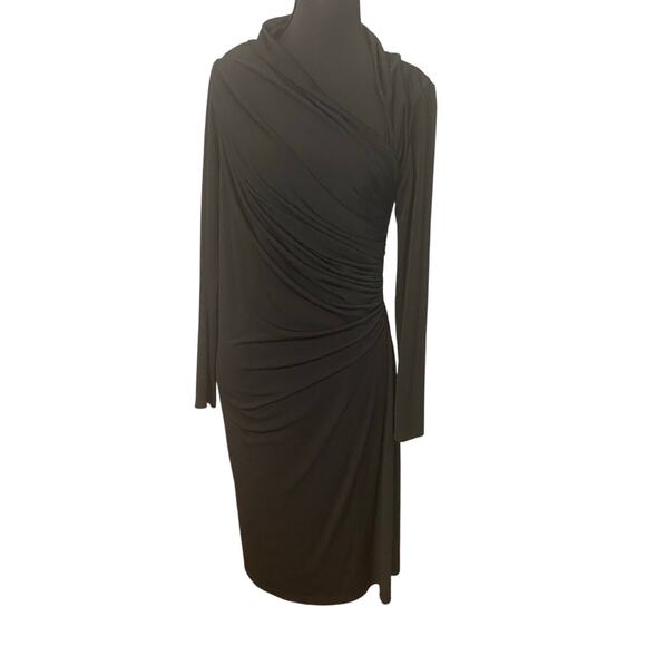 David Meister Black Draped Ruched Long Sleeve Stretch Dress Size 10 LBD - Picture 1 of 9